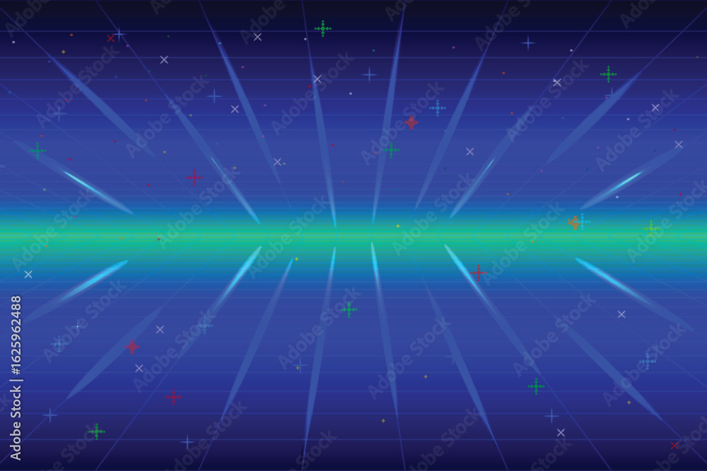 Poster retro cyberpunk style 80s game scene pixel art 8-bit sci-fi background. glowing neon grid and stars 