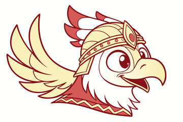 Simple vector garuda, cartoon style, flat gold and red tones, majestic yet friendly face
