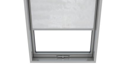 Modern skylight window with closed white roller blind in minimalist interior, clean lines, bright natural light concept