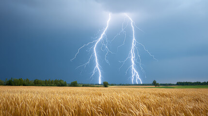 Dramatic lightning strikes illuminate a wheat field under a stormy sky, showcasing the power of nature.