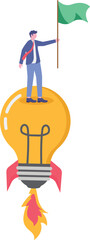 Businessman holds winner flag while riding flying lightbulb idea, illustrating success in business endeavors. Concept of innovative,
