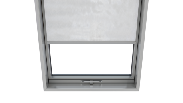 Modern skylight window with closed white roller blind in minimalist interior, clean lines, bright natural light concept