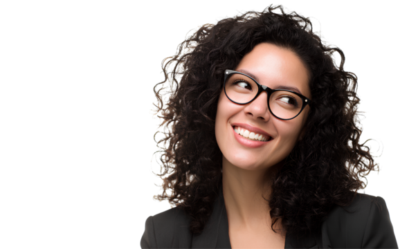 A smiling woman with curly hair, wearing glasses and business attire, stands isolated on a transparent background