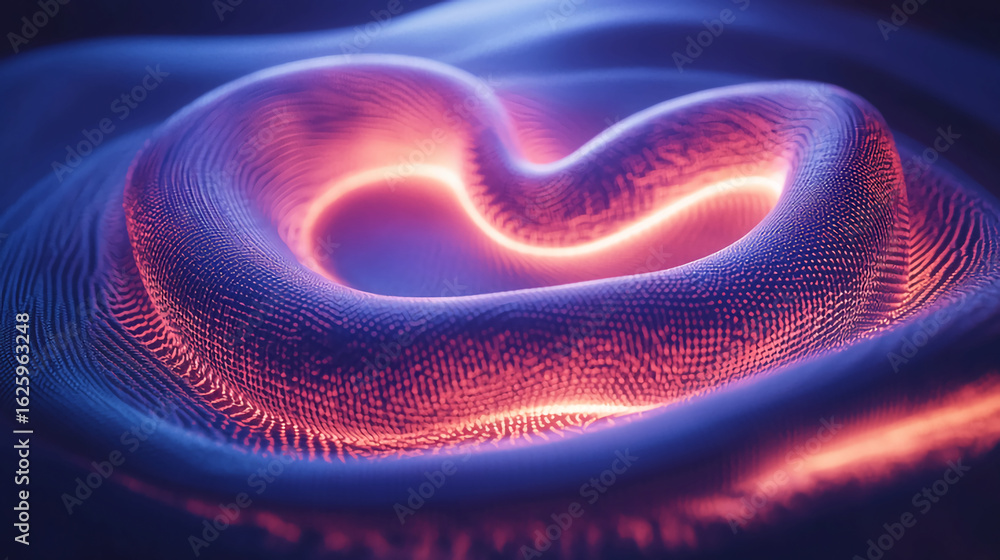 Poster Abstract rendering of a toroidal shape with glowing inner edges and textured surface in blue and orange hues