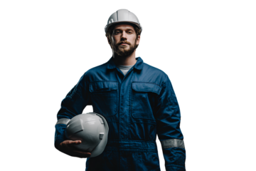 A tall man in blue coveralls holding a white helmet, against a solid, transparent background