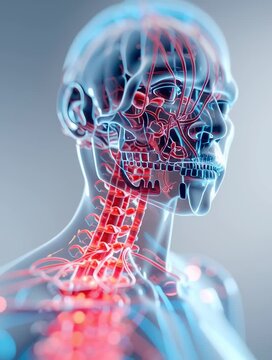 Medical illustration of the human nervous system in the neck and throat region. Brain, anatomical, anatomy, healthcare, scientific, research, blood, vessels, artery, head, bone concept.
