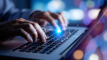 Hands typing on laptop keyboard with glowing network connections technology