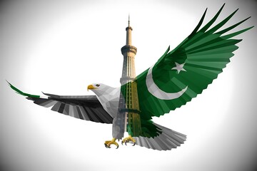 Majestic eagle soaring over Pakistan's iconic Minar-e-Pakistan with the national flag, representing freedom and pride, ideal for patriotic themes