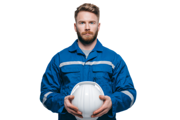 A tall man in blue coveralls holding a white helmet, against a solid, transparent background