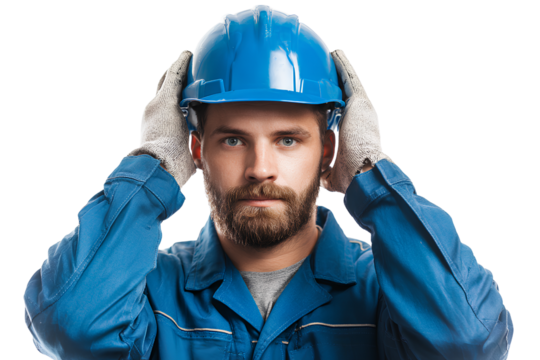 A tall man in blue coveralls holding a white helmet, against a solid, transparent background