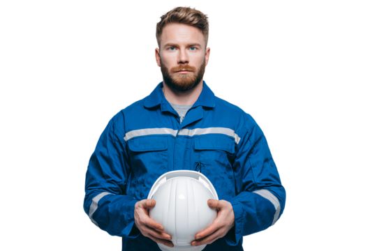 A tall man in blue coveralls holding a white helmet, against a solid, transparent background