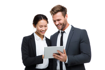 A man and woman in business attire standing together, smiling while looking at an iPad screen, isolated on a transparent background