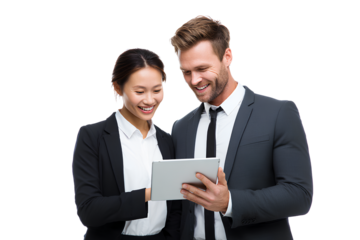 A man and woman in business attire standing together, smiling while looking at an iPad screen, isolated on a transparent background