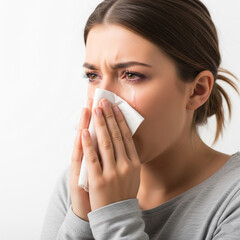 emotional woman crying with tissue, white background.