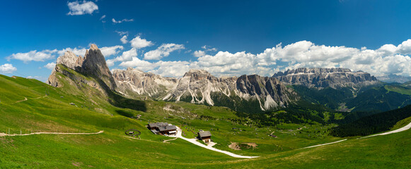 Italy, South Tyrol, Seceda - 22 June 2025 - Wonderful panoramic view of the Dolomites from Seceda to the Sella Massif