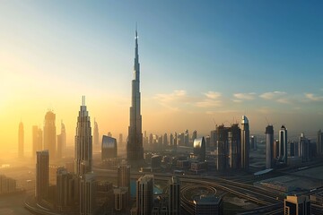 Stunning Dubai skyline at sunset, modern architecture and city landscape view