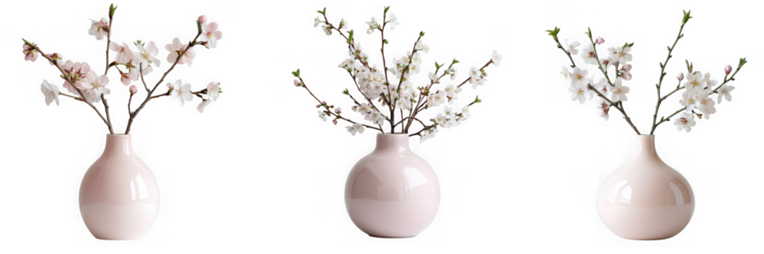 Three small pink vases holding delicate white blossoms create a serene and minimalist floral arrangement isolated on transparent background