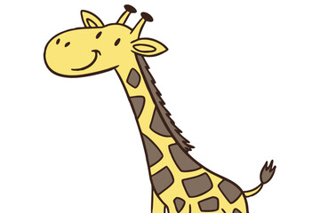 Obraz premium Simple vector giraffe cartoon, flat yellow and brown color, long neck, smiling, kid-friendly design