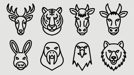 Collection of diverse animal head outlines in simple black and white line art style