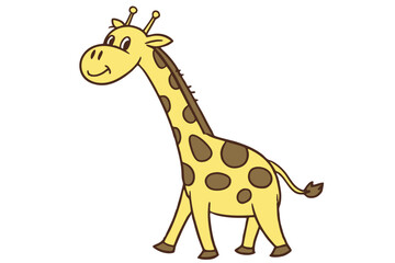 Naklejka premium Simple vector giraffe cartoon, flat yellow and brown color, long neck, smiling, kid-friendly design