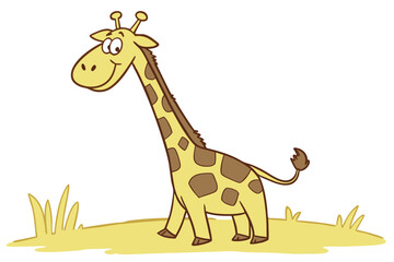 Naklejka premium Simple vector giraffe cartoon, flat yellow and brown color, long neck, smiling, kid-friendly design