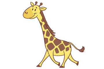 Fototapeta premium Simple vector giraffe cartoon, flat yellow and brown color, long neck, smiling, kid-friendly design