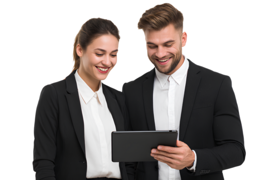 A man and woman in business attire standing together, smiling while looking at an iPad screen, isolated on a transparent background