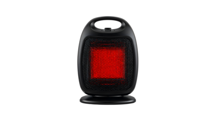Modern black electric space heater with red heating element, portable indoor ceramic heater for home and office, energy efficient winter appliance