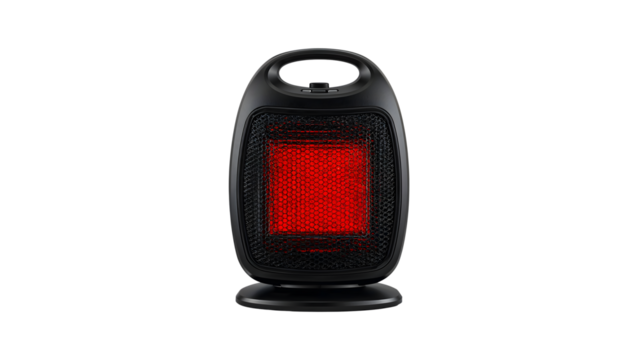 Modern black electric space heater with red heating element, portable indoor ceramic heater for home and office, energy efficient winter appliance