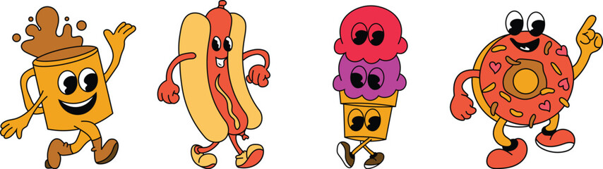 Retro Mascot Cartoon Food Vector bundle featuring vintage-style characters of snacks, drinks, and meals for fun, nostalgic designs.