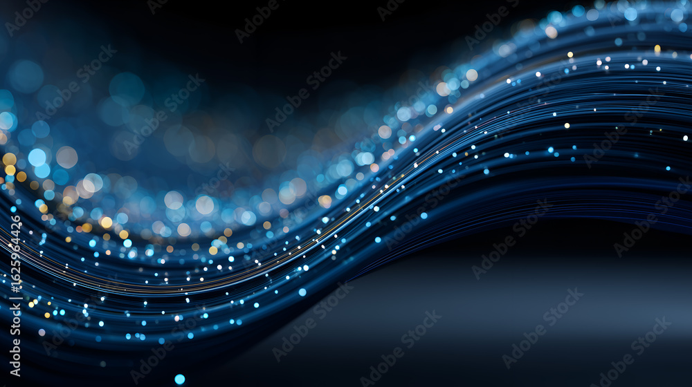 Poster abstract flowing lines in shades of blue with sparkling dots, creating a sense of energy and technol