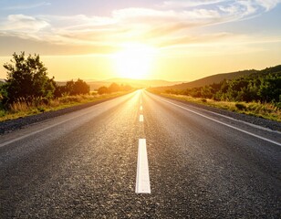 Empty Road Stretching To Sunset Landscape