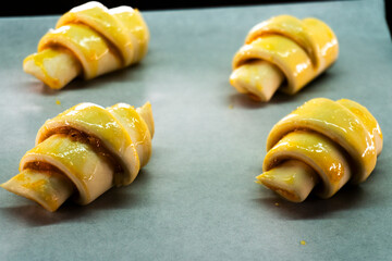 Apricot jam and puff pastry croissant. Dessert. Pastry