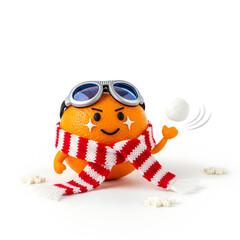 Fototapeta premium Cute orange character with scarf and goggles throwing a snowball, isolated on white background