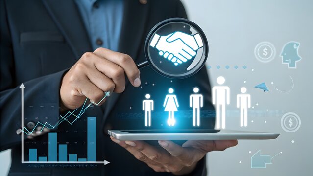 Businessman analyzes human resources and financial growth analysis