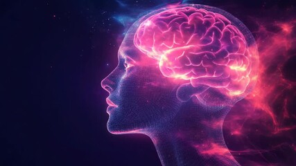 Side profile of glowing human brain inside holographic head with bright neural networks and energy pulses, symbolizing artificial intelligence, mental health, cognitive power, and neuroscience concept - Powered by Adobe