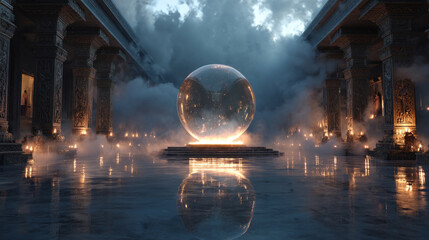 Glowing ancient relic orb floating in a misty temple chamber