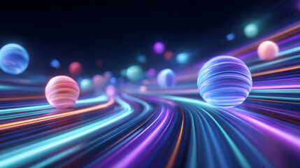 neon orbs rolling along laser-lit path, black backdrop