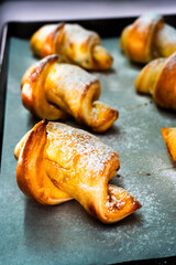 Apricot jam and puff pastry croissant. Dessert. Pastry