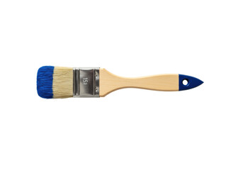 Pristine paint brush with light wooden handle, dark blue tip, natural bristles, silver ferrule, lying horizontally on a transparent background with soft shadow, high-key studio shot, concept of