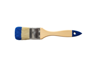 Pristine paint brush with light wooden handle, dark blue tip, natural bristles, silver ferrule, lying horizontally on a transparent background with soft shadow, high-key studio shot, concept of