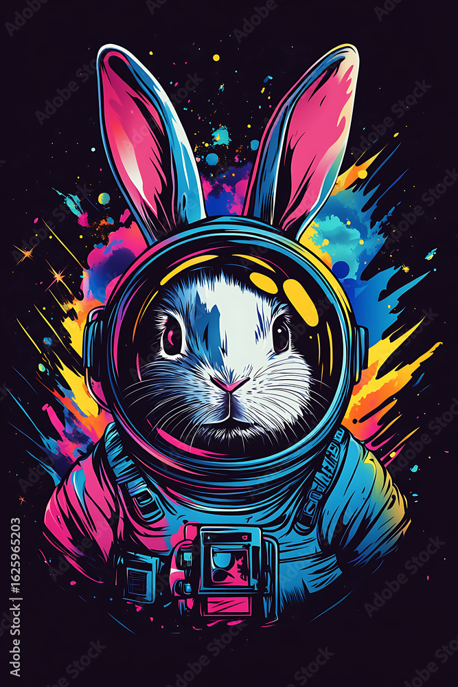 Poster colorful astronaut rabbit in a vibrant space scene with abstract splashes of color