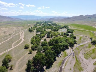 Horse riding tour across Mongolian steppe near Ulaanbaatar with aerial view of grasslands, forests,...