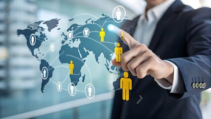 Businessman interacting with global network hologram technology connection