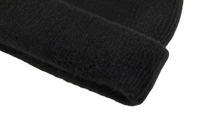 Closeup of black wool beanie hat showing soft fluffy texture and cozy knitted fabric details on the transparent background