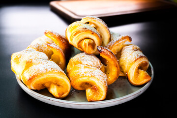 Apricot jam and puff pastry croissant. Dessert. Pastry