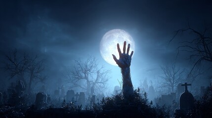 zombie hand rising from the grave under full moon, spooky graveyard scene with tombstones and dead trees, dramatic lighting, horror halloween night, eerie mist and fog