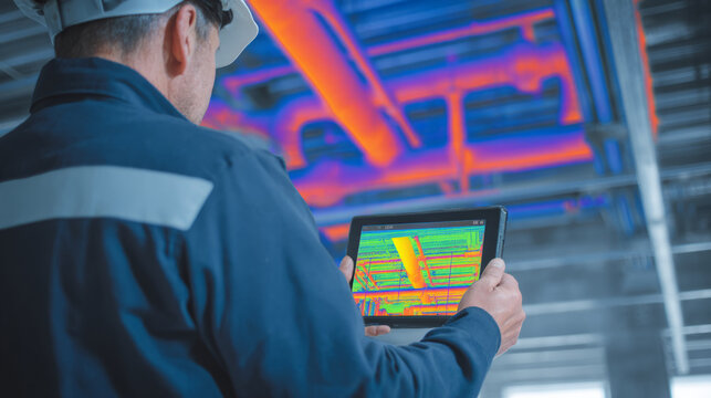 handheld tablet screen showing infrared signature of exposed piping while worker scans ceiling framework