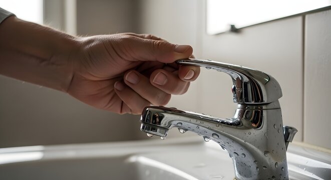 Hand turns off chrome faucet in modern bathroom, water drips from spout