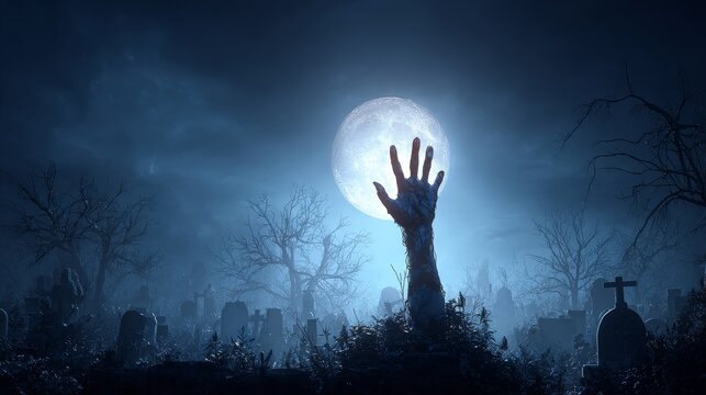 zombie hand rising from the grave under full moon, spooky graveyard scene with tombstones and dead trees, dramatic lighting, horror halloween night, eerie mist and fog